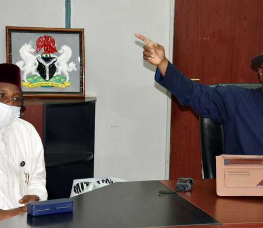 The Honourable Minister Of State, Labour and Employment, Festus Keyamo, SAN and Director General, National Directorate of Employment (NDE) Dr. Nasiru Ladan Argungu, during the Virtual Inauguration of the State’ Selection Committees of the Extended Special Public Works Programme in Abuja