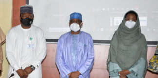 (R-L) The Honourable Minister of Humanitarian Affairs, Disaster Management and Social Development, Sadiya Umar Farouq, The Managing Director and Chief Executive Officer of the North East Development Commission, Mohammed Goni Alkali, and The Coordinator, NERSP PMC CELL, North East Development Commission, Muhammad Danjuma