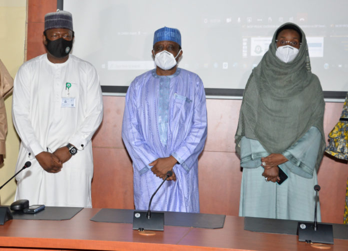 (R-L) The Honourable Minister of Humanitarian Affairs, Disaster Management and Social Development, Sadiya Umar Farouq, The Managing Director and Chief Executive Officer of the North East Development Commission, Mohammed Goni Alkali, and The Coordinator, NERSP PMC CELL, North East Development Commission, Muhammad Danjuma