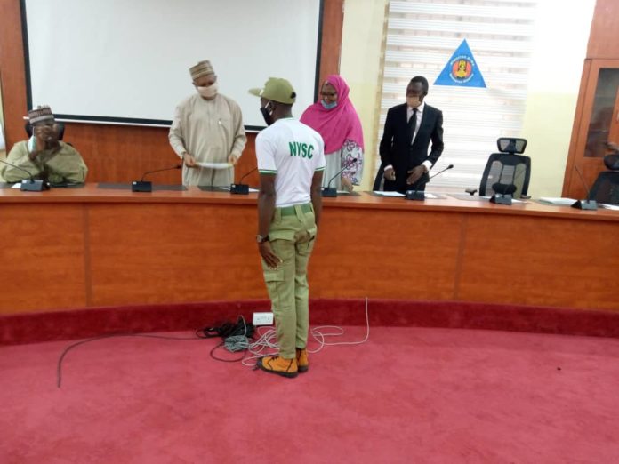 FHMADMSD NYSC (2nd Left) The Permanent Secretary Federal Ministry of Humanitarian Affairs, Disaster Management and Social Development, Jalal Arabi, and the NYSC FCT Coordinator, Hajiya Walida Siddique Isa,