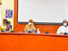 (Middle) The Honourable Minister of Humanitarian Affairs, Disaster Management and Social Development, Sadiya Umar Farouq, (L) The Minister of Women Affairs, Dame Pauline Tallen, (R) The Permanent Secretary of Federal Ministry of Humanitarian Affairs, Disaster Management and Social Development, Jalal Arabi