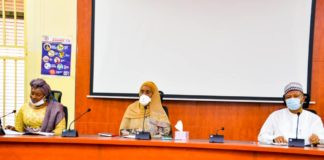 (Middle) The Honourable Minister of Humanitarian Affairs, Disaster Management and Social Development, Sadiya Umar Farouq, (L) The Minister of Women Affairs, Dame Pauline Tallen, (R) The Permanent Secretary of Federal Ministry of Humanitarian Affairs, Disaster Management and Social Development, Jalal Arabi