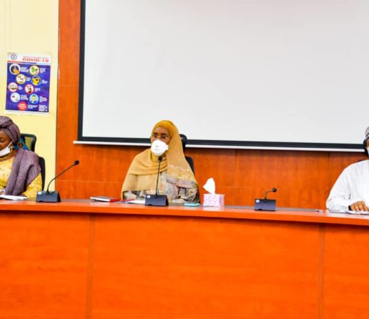 (Middle) The Honourable Minister of Humanitarian Affairs, Disaster Management and Social Development, Sadiya Umar Farouq, (L) The Minister of Women Affairs, Dame Pauline Tallen, (R) The Permanent Secretary of Federal Ministry of Humanitarian Affairs, Disaster Management and Social Development, Jalal Arabi