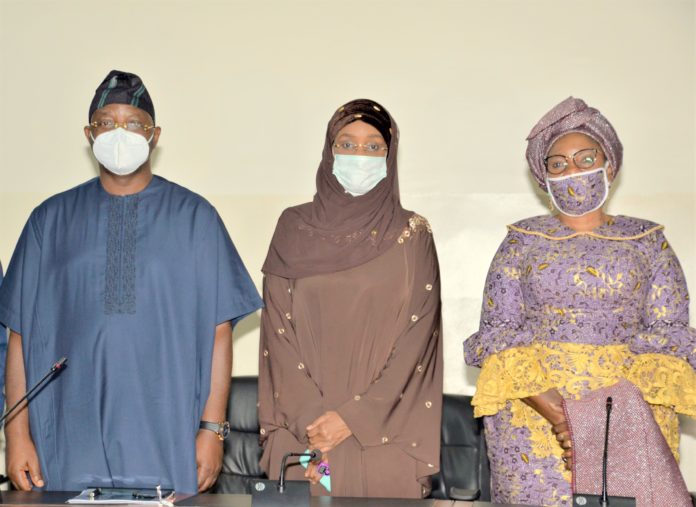 group photo (L-R) Honourable Minister of Youth and Sport, Sunday Dare, Honourable Minister of Humanitarian Affairs, Disaster Management and Social Development Sadiya Umar Farouq, Honourable Minister of Women Affairs, Dame Pauline Tallen