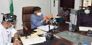 The Honorouable Minister of Labour and Employment, Chris Ngige (Middle), Minister of State, Labour and Employment Festus Kayemo SAN (right) and the Honorouable Minister of State for Health, Dr. Olurunnimbe Mamora (left), during their meeting with Nigerian Association of Resident Doctors (NARD), in Abuja.