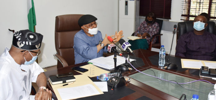 The Honorouable Minister of Labour and Employment, Chris Ngige (Middle), Minister of State, Labour and Employment Festus Kayemo SAN (right) and the Honorouable Minister of State for Health, Dr. Olurunnimbe Mamora (left), during their meeting with Nigerian Association of Resident Doctors (NARD), in Abuja.
