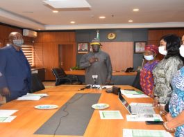 The Honorable Minister of State, Budget and National Planning, Prince Clem Ikanade Agba(c), Permanent Secretary, Budget and National Planning, Mrs. Olusola Idowu(r), the SA, to the Hon. Minister of State, Mr. Sam Ekweme and other management staff, during the 11th virtual Community of Practice (CoP) meeting of Commissioners of Economic Planning, held in Abuja