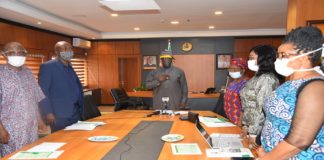 The Honorable Minister of State, Budget and National Planning, Prince Clem Ikanade Agba(c), Permanent Secretary, Budget and National Planning, Mrs. Olusola Idowu(r), the SA, to the Hon. Minister of State, Mr. Sam Ekweme and other management staff, during the 11th virtual Community of Practice (CoP) meeting of Commissioners of Economic Planning, held in Abuja