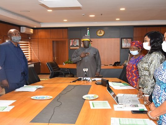 The Honorable Minister of State, Budget and National Planning, Prince Clem Ikanade Agba(c), Permanent Secretary, Budget and National Planning, Mrs. Olusola Idowu(r), the SA, to the Hon. Minister of State, Mr. Sam Ekweme and other management staff, during the 11th virtual Community of Practice (CoP) meeting of Commissioners of Economic Planning, held in Abuja