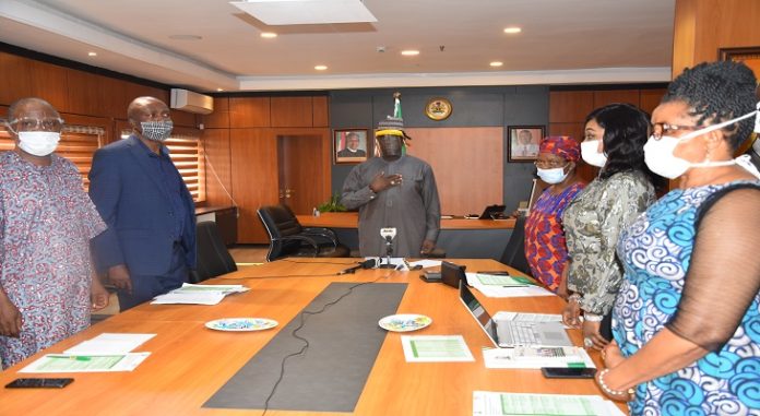 DSC_1923 The Honorable Minister of State, Budget and National Planning, Prince Clem Ikanade Agba(c), Permanent Secretary, Budget and National Planning, Mrs. Olusola Idowu(r), the SA, to the Hon. Minister of State, Mr. Sam Ekweme and other management staff, during the 11th virtual Community of Practice (CoP) meeting of Commissioners of Economic Planning, held in Abuja