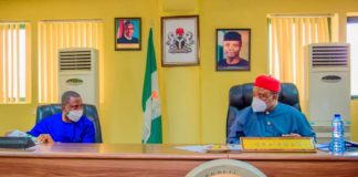 Minister of State MMSD, Dr Uchechukwu S. Ogahpaying a courtesy visit to Chairman, RMAFC, Engr Elias Mbam