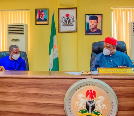 Minister of State MMSD, Dr Uchechukwu S. Ogahpaying a courtesy visit to Chairman, RMAFC, Engr Elias Mbam