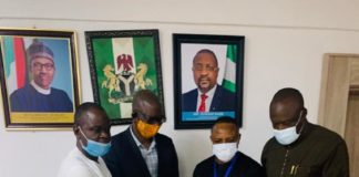 The Chairman of the Ministerial Taskforce on the National Stadium, suru-lere Lagos, Mr Gabriel Aduda and also Perm. Sec Youth and Sports Devpt, 2nd right, Secretary of the Committee and Acting Director, Facilities Management of the Ministry. Mr Okediro with other members today, Tuesday 21st July, 2020 in Abuja submitted their Report to the Minister.