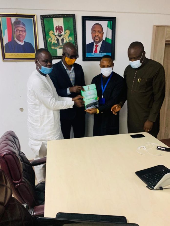 The Chairman of the Ministerial Taskforce on the National Stadium, suru-lere Lagos, Mr Gabriel Aduda and also Perm. Sec Youth and Sports Devpt, 2nd right, Secretary of the Committee and Acting Director, Facilities Management of the Ministry. Mr Okediro with other members today, Tuesday 21st July, 2020 in Abuja submitted their Report to the Minister. The Chairman of the Ministerial Taskforce on the National Stadium, suru-lere Lagos, Mr Gabriel Aduda and also Perm. Sec Youth and Sports Devpt, 2nd right, Secretary of the Committee and Acting Director, Facilities Management of the Ministry. Mr Okediro with other members today, Tuesday 21st July, 2020 in Abuja submitted their Report to the Minister.