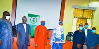 (4th left) Honourable Minister of Humanitarian Affairs, Disaster Management and Social Development, Sadiya Umar Farouq, (1st left) Special Adviser on Special Needs to the Minister, Danjuma Atta, (2nd left) Director Humanitarian Affairs, Alhaji Ali Grema, (1st right) David Sabo of Christophel Blinden Mission (2nd right) Country Director, Leprosy Mission in Nigeria, Dr David Sunday Udo