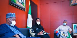 (L) The Honourable Minister of Humanitarian Affairs, Disaster Management and Social Development, Sadiya Umar Farouq, (L) The Executive Governor of Gombe state, Muhammed Inuwa Yahaya, (R) The Permanent Secretary, Federal Ministry of Humanitarian Affairs, Disaster Management and Social Development, Jalal Arabi
