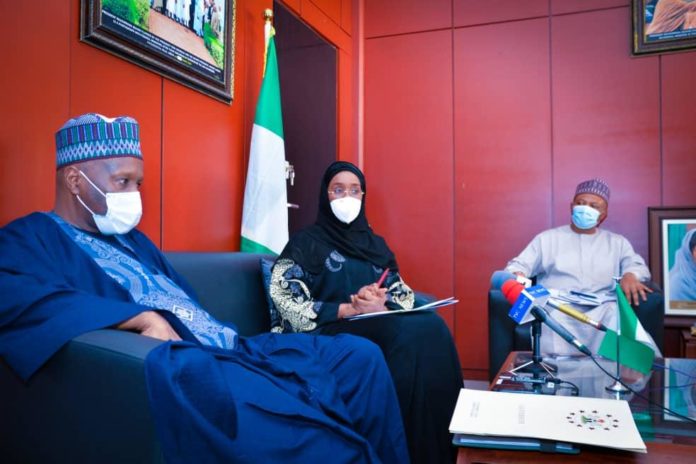 (L) The Honourable Minister of Humanitarian Affairs, Disaster Management and Social Development, Sadiya Umar Farouq, (L) The Executive Governor of Gombe state, Muhammed Inuwa Yahaya, (R) The Permanent Secretary, Federal Ministry of Humanitarian Affairs, Disaster Management and Social Development, Jalal Arabi