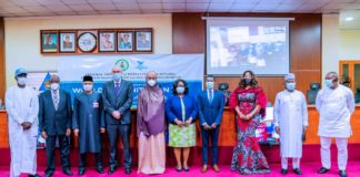 (L-R) The Director Overseeing the Office of the Permanent Secretary of the Ministry, Grema Ali Alhaji, The Managing Director of NEDC, Alhaji Mohammed G. Alhaji, The Honourable Federal Commissioner for NCFRMI, Sen. Bashir Mohammed, The Representative of the UN Resident Humanitarian Coordinator and Head of UNOCHA, Trond Jensen, The Honourable Minister of Humanitarian Affairs, Disaster Management and Social Development, Sadiya Umar Farouq, The UNHCR Resident Representative, Mrs Chansa Kapaya, the Head of mission of the IOM, Franz Celestian, the Director General of NAPTIP, Julie Okah Dali, Director General of NEMA, AVM MA Muhammed (Rtd.), and the ECOWAS Commissioner for Humanitarian Affairs, Alozie Ameachi.