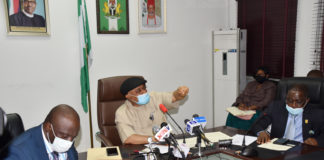 The Honoruable Minister Labour and Employment, Chris Ngige (middle), Permanent Secretary, Labour and Employment, William Alo (left) and President, Nigeria Medical Association (NMA), Prof. Innocent Ujah(right) during the courtesy visit of NMA to the Ministry.