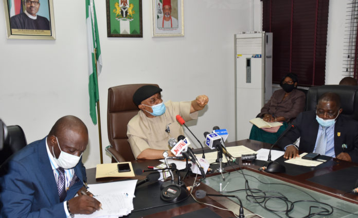 The Honoruable Minister Labour and Employment, Chris Ngige (middle), Permanent Secretary, Labour and Employment, William Alo (left) and President, Nigeria Medical Association (NMA), Prof. Innocent Ujah(right) during the courtesy visit of NMA to the Ministry. The Honoruable Minister Labour and Employment, Chris Ngige (middle), Permanent Secretary, Labour and Employment, William Alo (left) and President, Nigeria Medical Association (NMA), Prof. Innocent Ujah(right) during the courtesy visit of NMA to the Ministry.