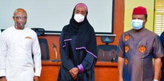 The Honourable Minister of Humanitarian Affairs, Disaster Management and Social Development, Sadiya Umar Farouq (Middle); The President, Nigerian Union of Journalists Comrade Chris Isiguzo (Right); The FCT Chairman of the Nigerian Union of Journalists, Comrade Emma Ogboche (Left),
