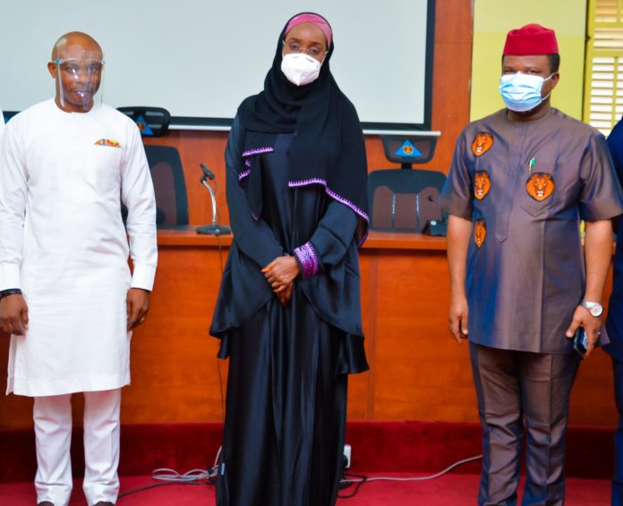 FMHADMSD NUJ The Honourable Minister of Humanitarian Affairs, Disaster Management and Social Development, Sadiya Umar Farouq (Middle); The President, Nigerian Union of Journalists Comrade Chris Isiguzo (Right); The FCT Chairman of the Nigerian Union of Journalists, Comrade Emma Ogboche (Left),