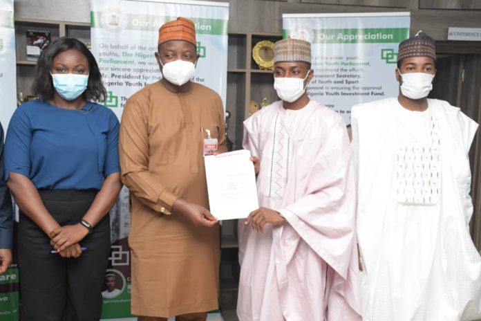 Nigeria Youth Parliament paid courtesy visit on the Youth and Sports Minister, Mr Sunday Dare, tagged ''Thank you to Mr President'' on the establishment of the National Youth Investment Fund (NYIF); today Thursday, 6th August, 2020.