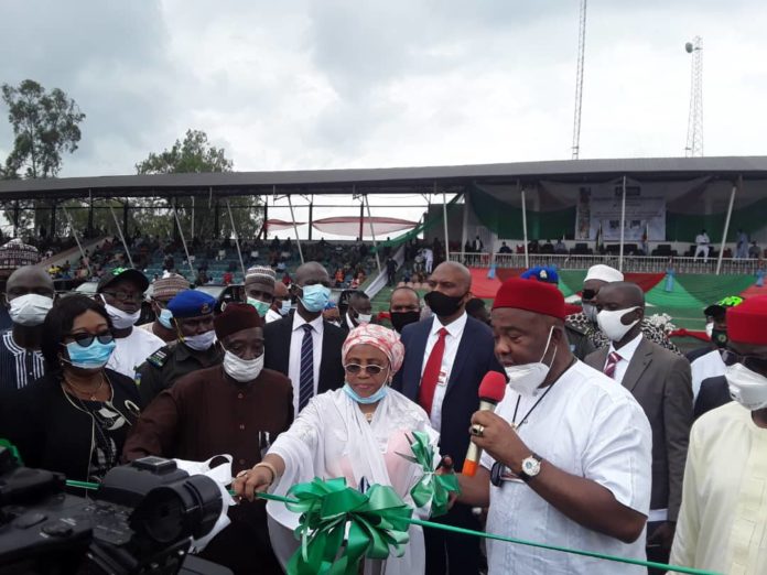 L- R, The Hon. Minister of Agriculture and Rural Development, Alhaji Muhammad Sabo Nanono, Director, Federal Department of Agriculture, Mrs Karima Babaginda and Governor of Imo State, Senator Hope Uzodinma, during the Flag off ceremony of distribution of Free Agricultural inputs to Smallholders Farmers in Owerri, Imo State.