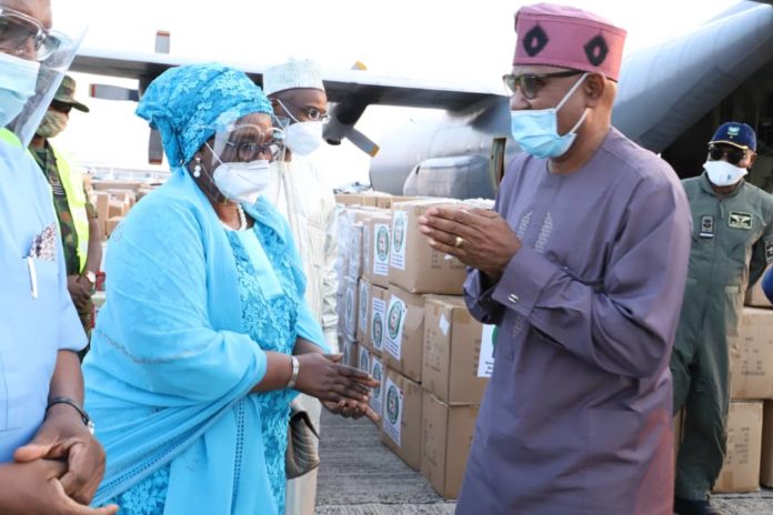Senator Dr. Olorunnimbe Mamora flags off NAF logistics support to distribute COVID-19 Medical Supplies to ECOWAS West African Health Organization member countries, Tuesday, 4th August, 2020