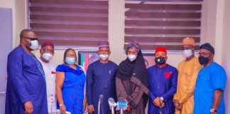 (4TH-R) THE HONORABLE MINISTER OF HUMANITARIAN AFFAIRS, DISASTER MANAGEMENT AND SOCIAL DEVELOPMENT, SADIYA UMAR FAROUQ, (2ND-R) DIRECTOR OVERSEEING THE OFFICE OF THE PERMANENT SECRETARY, GREMA ALI ALHAJI,(3RD-L) DIRECTOR SPECIAL NEEDS, NNEKECHI ONWUKWE, (1ST-L) SPECIAL ADVISER ON SPECIAL NEEDS TO THE MINISTER, DANJUMA ATTAH, (2ND-l) ASSISTANT DIRECTOR FMHADMSD, LAWRENCE IDEMUDIA, (1ST-R) NIGERIA DEAF ADVOCATE BASED IN USA, SEGUN ALUKO,(3RD-R) NATIONAL SECRETARY GENERAL, NIGERIA NATIONAL ASSOCIATION OF THE DEAF (NNAD), CHIDI TOPEZ OLUJIE