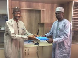 Left: The New Permanent Secretary of the Federal Ministry of Humanitarian Affairs, Disaster Management and Social Development, Bashir Nura Alkali and the Director Overseeing Office of the Permanent Secretary of the Ministry, Grema Ali Alhaji, during the handover of office at the Ministry on Wednesday 30th September, 2020