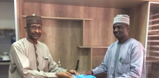 Left: The New Permanent Secretary of the Federal Ministry of Humanitarian Affairs, Disaster Management and Social Development, Bashir Nura Alkali and the Director Overseeing Office of the Permanent Secretary of the Ministry, Grema Ali Alhaji, during the handover of office at the Ministry on Wednesday 30th September, 2020