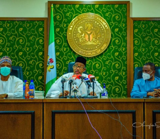 R-L: Hon Minister of State Mines and Steel Development, Dr Uchechukwu Sampson Ogah, Executive Governor of Bauchi State Sen. Bala Mohammed and Deputy Governor of Bauchi State, Sen. Baba Tela during the courtesy visit of the Hon. Minister to Bauchi State Governor recently.