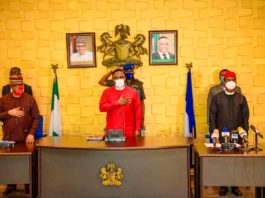 R-L: Minister of State for Mines and Steel Development, Dr Uchechukwu Sampson Ogah, Executive Governor of Cross River State, Prof Ben Ayade and Deputy Governor of Cross River State, Prof. Ivara Esu during a courtesy visit by the Minister of State to Calabar, recently.
