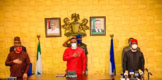 R-L: Minister of State for Mines and Steel Development, Dr Uchechukwu Sampson Ogah, Executive Governor of Cross River State, Prof Ben Ayade and Deputy Governor of Cross River State, Prof. Ivara Esu during a courtesy visit by the Minister of State to Calabar, recently.