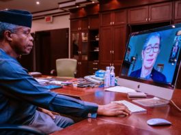 Vice President Yemi Osinbajo SAN declares open the National Conference on Whistleblower Policy organized by the Federal Ministry of Finance, Budget and National Planning. 29th September, 2020. Photos; Tolani Alli