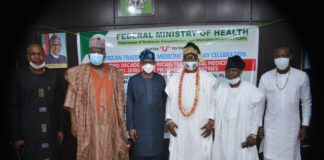 L-R: Representative of Chairman, Senate Committee on Health, Dr. Shehu Balarabe Kakale, the HMSH and the Representatives of the Ooni of Ife.