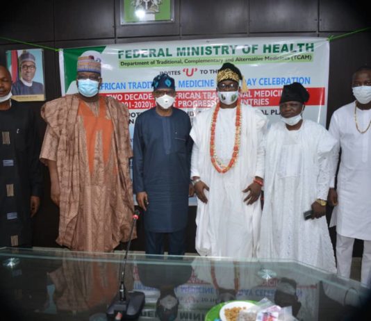 L-R: Representative of Chairman, Senate Committee on Health, Dr. Shehu Balarabe Kakale, the HMSH and the Representatives of the Ooni of Ife.