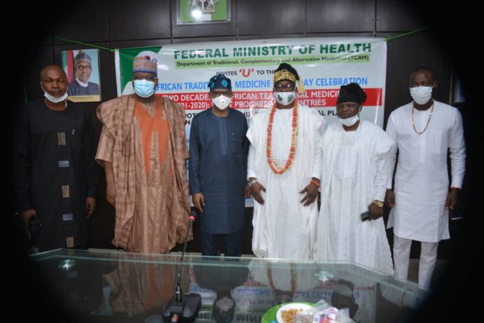 L-R: Representative of Chairman, Senate Committee on Health, Dr. Shehu Balarabe Kakale, the HMSH and the Representatives of the Ooni of Ife. L-R: Representative of Chairman, Senate Committee on Health, Dr. Shehu Balarabe Kakale, the HMSH and the Representatives of the Ooni of Ife.