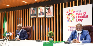L-R : Honourable Minister of Works and Housing , Babatunde Raji Fashola and the Permanent Secretary, Ministry of Works and Housing Ernest Umakhihe at the event