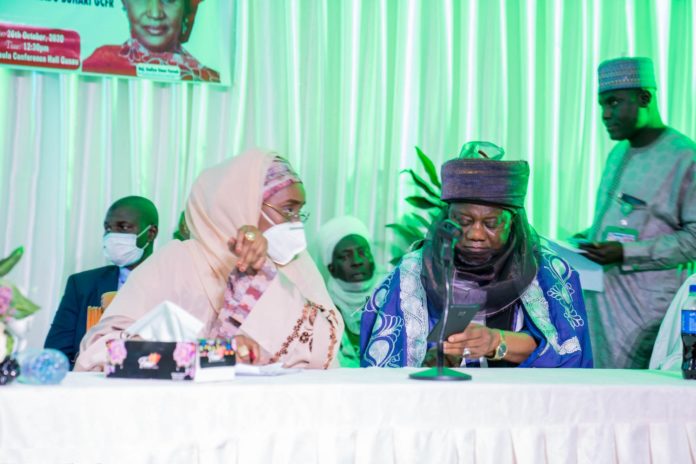 HM ZAMFARA L: The Honourable Minister of Humanitarian Affairs, Disaster Management and Social Development, Sadiya Umar Farouq and the Emir of Zamfara Anka, His Royal Highness, Alh. Attahiru Ahmad During the meeting with the Emirs in Zamfara State Government House, Monday 26, 2020.