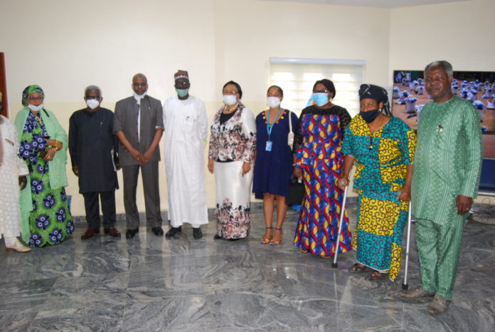 (L-R) DG VON OSITA OKECHUCKWU, MANSUR KULIYA,SOCIAL DEVELOPMENT DEPARTMENT, REP HON MINISTER OF HUMANITARIAN AFFAIRS DISASTER MANAGEMENT AND SOCIAL DEVELOPMENT, GREMA ALI ALHAJI, DIRECTOR SOCIAL DEVELOPMENT, DR DORATHY NWODU AND OTHERS DURING THE SYMPOSIUM TO COMMEMORATE THE 2020 INTERNATIONAL DAY OF THE OLDER PERSONS IN ABUJA