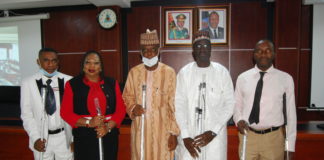 LR: Mr. John Edozien, staff of Special Needs Department, Rep. of the Honourable Minister of Humanitarian Affairs, Disaster Management and Social Development, Ali Grema, Alhaji, Mr. Matthew Dada, Director Finance and Account of the Ministry, Mrs. Nkechi F. Onwukwe Director Special Needs of the Ministry and staff of the Ministry during the Press Briefing to mark the 2020 White Cane and Safety Awareness Day at the Nigerian Army Resources October 15th, 2020.