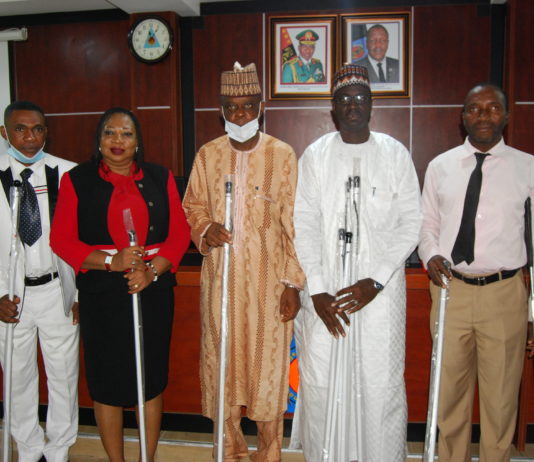 LR: Mr. John Edozien, staff of Special Needs Department, Rep. of the Honourable Minister of Humanitarian Affairs, Disaster Management and Social Development, Ali Grema, Alhaji, Mr. Matthew Dada, Director Finance and Account of the Ministry, Mrs. Nkechi F. Onwukwe Director Special Needs of the Ministry and staff of the Ministry during the Press Briefing to mark the 2020 White Cane and Safety Awareness Day at the Nigerian Army Resources October 15th, 2020.