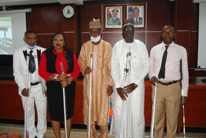 DSC_0204 LR: Mr. John Edozien, staff of Special Needs Department, Rep. of the Honourable Minister of Humanitarian Affairs, Disaster Management and Social Development, Ali Grema, Alhaji, Mr. Matthew Dada, Director Finance and Account of the Ministry, Mrs. Nkechi F. Onwukwe Director Special Needs of the Ministry and staff of the Ministry during the Press Briefing to mark the 2020 White Cane and Safety Awareness Day at the Nigerian Army Resources October 15th, 2020.