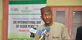 Representing the Honourable Minister of Ministry of Humantarian Affairs, Disaster Management and Social Development, The New Permanent Secretary of the Ministry, Bashir Nura Alkali, during the press briefing to mark the International Day for Older Persons on Wednessday 30th, 2020.