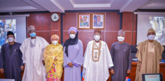 (R-L) The Honourable Minister of Interior, Ogbeni Rauf Aregbesola, The Honourable Minister of Environment, Mohammed Mahmud Abubakar, The Honourable Minister Of Information And Culture, Alhaji Lai Muhammed, The Honorable Minister Of Humanitarian Affairs, Disaster Management And Social Development, Sadiya Umar Farouq, representative of The Honourbale Minister Of Agriculture And Rural Development, The Honourable Minister Of Water Resources, Engineer Suleiman Hussein Adamu, The Honourbale Minister Of Health, Osagie Ehanire, at the inaugural meeting for the development of National Flood Emergency Preparedness And Response Plan, at the Nigerian Army Resource Center, on, 12th of October,2020.