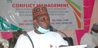 The Director General Institute for Peace and Conflict Resolution Dr. Bakut T. Bakut during stakeholder’s workshop on Conflict Management, Resolution and Peacebuilding in Gusau, Zamfara State on Wednesday 14th October, 2020