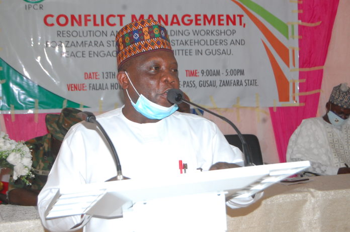 The Director General Institute for Peace and Conflict Resolution Dr. Bakut T. Bakut during stakeholder’s workshop on Conflict Management, Resolution and Peacebuilding in Gusau, Zamfara State on Wednesday 14th October, 2020 The Director General Institute for Peace and Conflict Resolution Dr. Bakut T. Bakut during stakeholder’s workshop on Conflict Management, Resolution and Peacebuilding in Gusau, Zamfara State on Wednesday 14th October, 2020