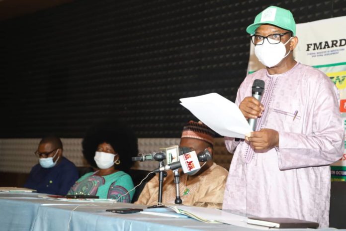 The Permanent Secretary in the Ministry, Dr. Abdulkadir Mu'azu, representing the Hon. Minister of Agriculture and Rural Development, Alhaji Muhammad Sabo Nanono at the Symposium/Colloquium session in continuation of activities to mark the 2020 World Food Day held in Abuja. The Permanent Secretary in the Ministry, Dr. Abdulkadir Mu'azu, representing the Hon. Minister of Agriculture and Rural Development, Alhaji Muhammad Sabo Nanono at the Symposium/Colloquium session in continuation of activities to mark the 2020 World Food Day held in Abuja.
